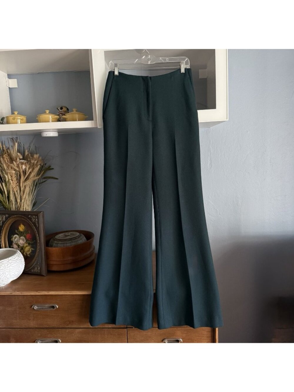 Argent High Waisted Flare Pants Viscose Wool Twill Forest Green Size 6